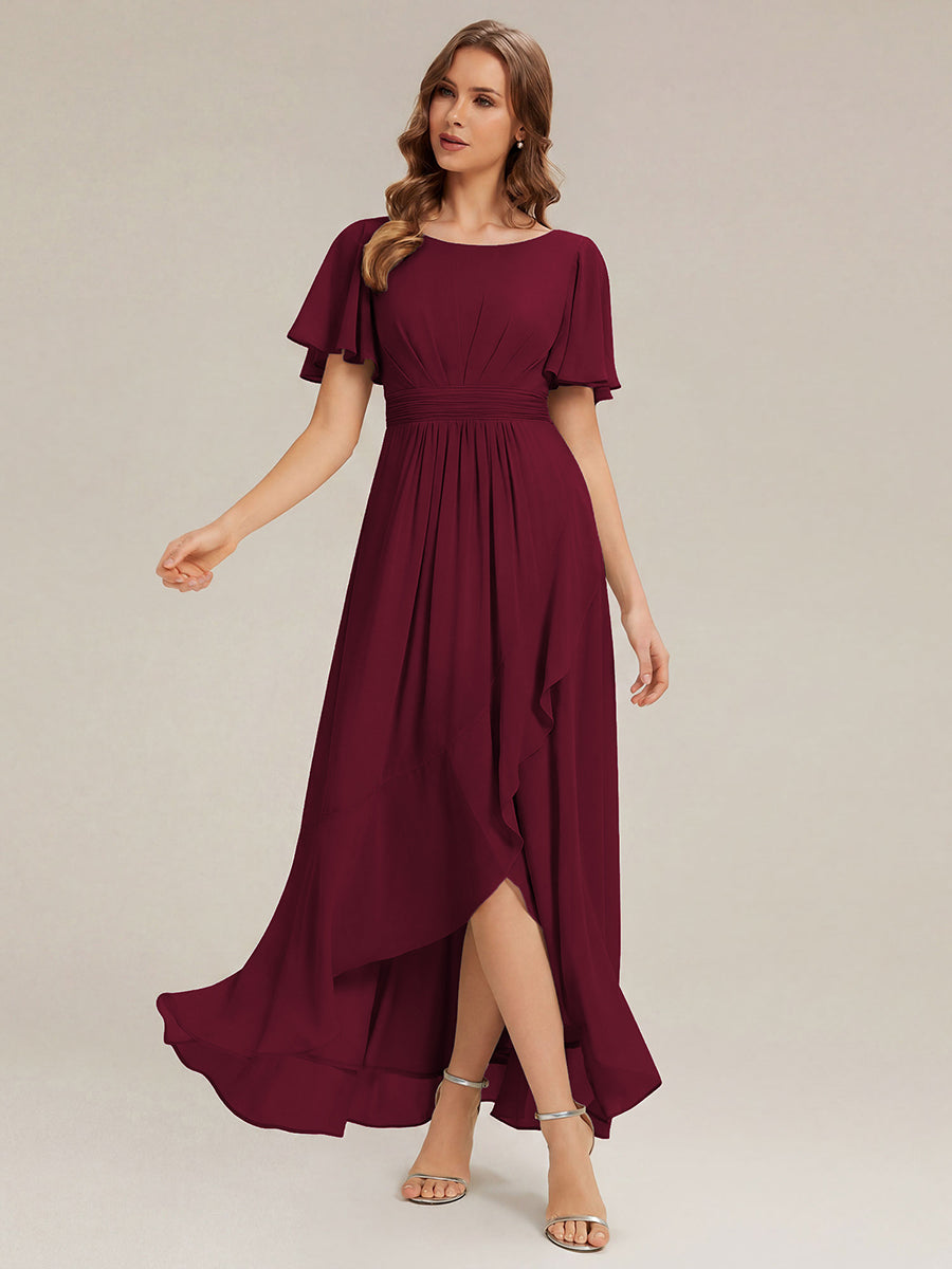 Robe asymétrique sans manches à volants avec détails plissés et ourlet haut bas #Couleur_Bordeaux