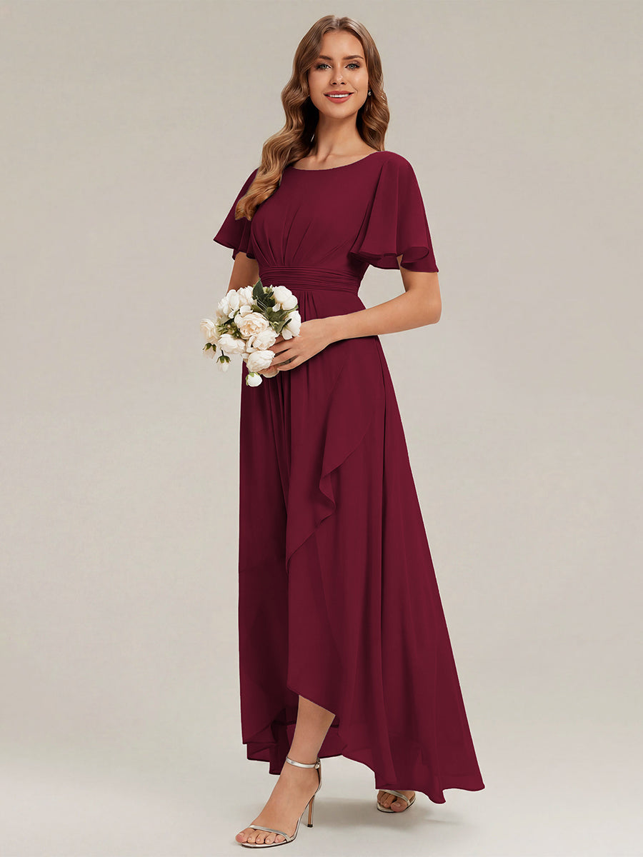 Robe asymétrique sans manches à volants avec détails plissés et ourlet haut bas #Couleur_Bordeaux
