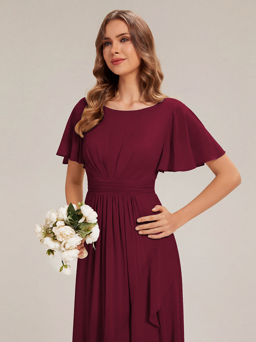 Robe asymétrique sans manches à volants avec détails plissés et ourlet haut bas #Couleur_Bordeaux