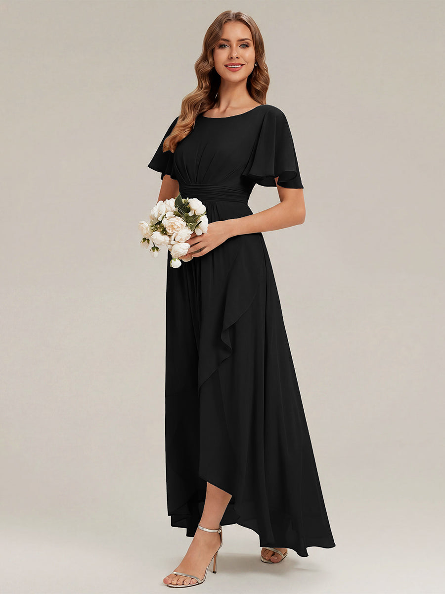 Robe asymétrique sans manches à volants avec détails plissés et ourlet haut bas #Couleur_Noir
