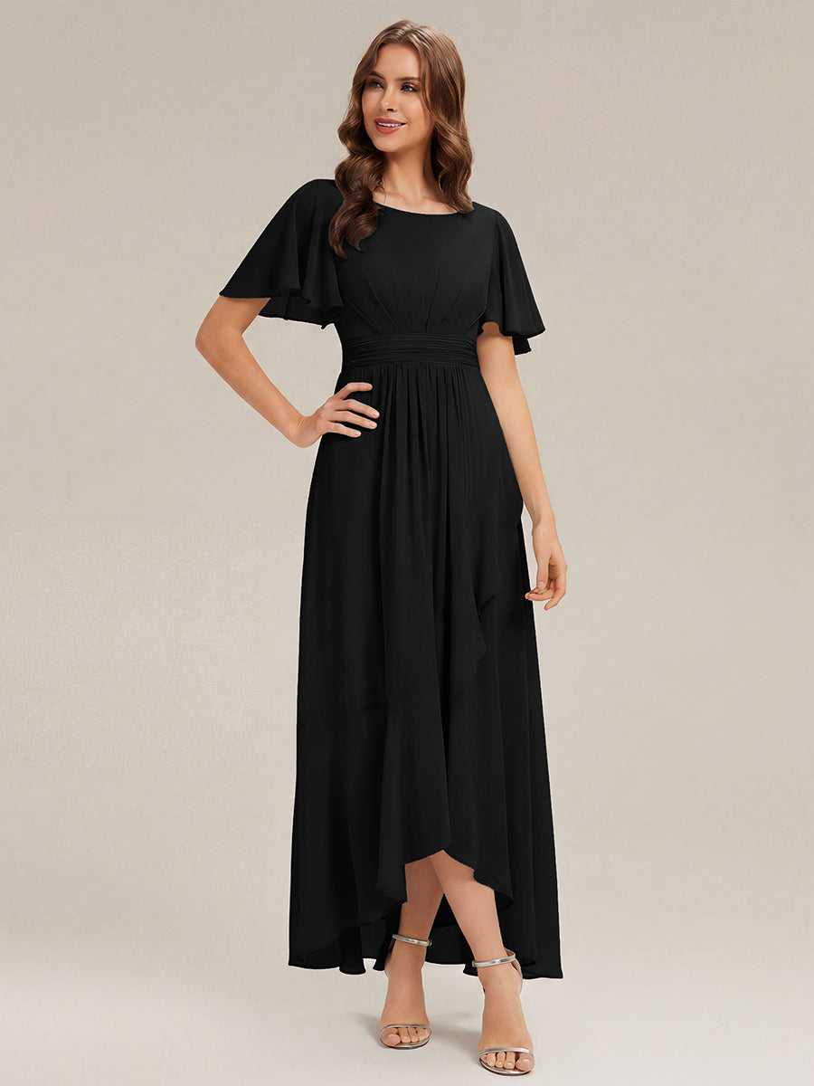 Robe asymétrique sans manches à volants avec détails plissés et ourlet haut bas #Couleur_Noir
