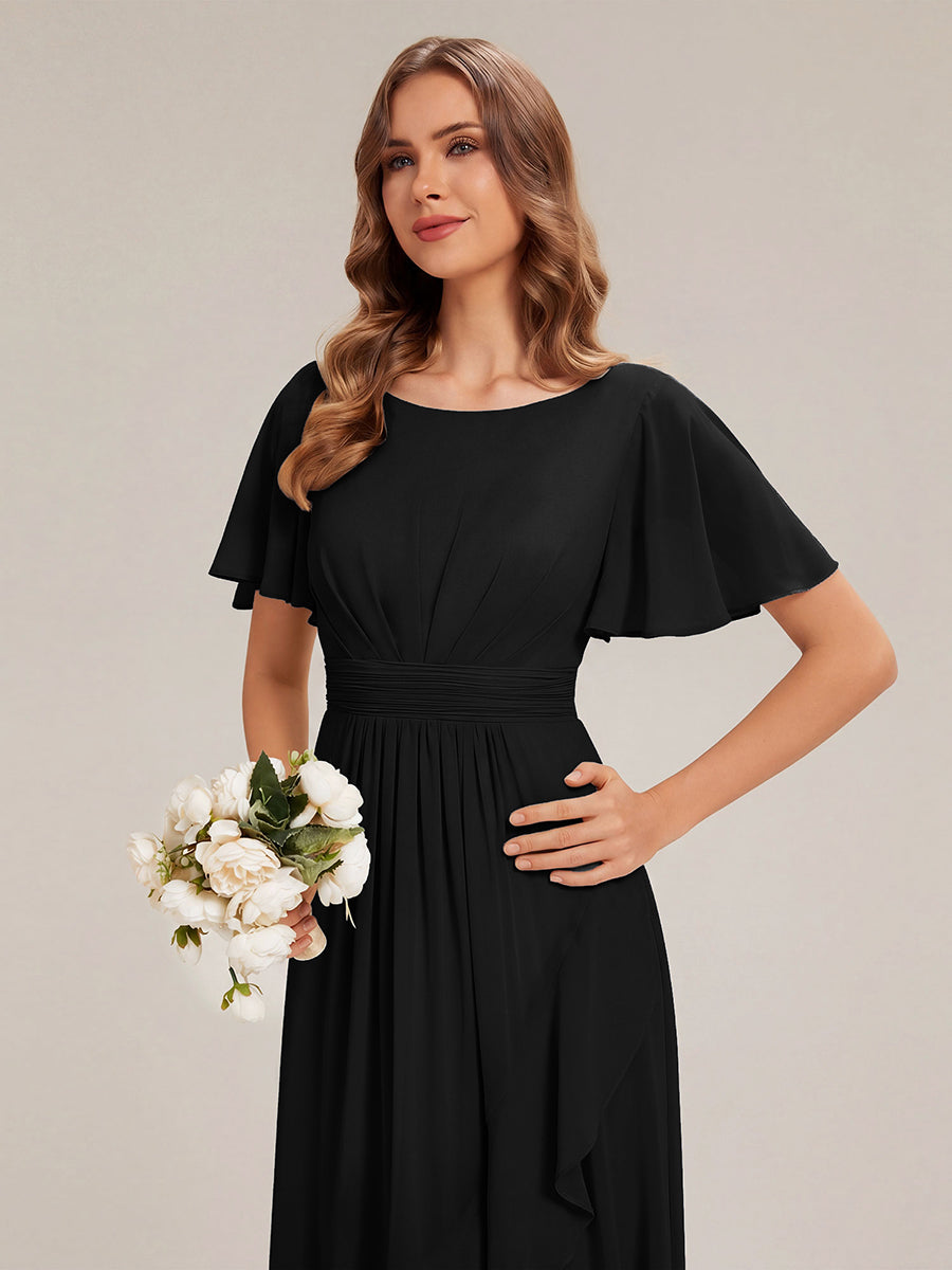 Robe asymétrique sans manches à volants avec détails plissés et ourlet haut bas #Couleur_Noir