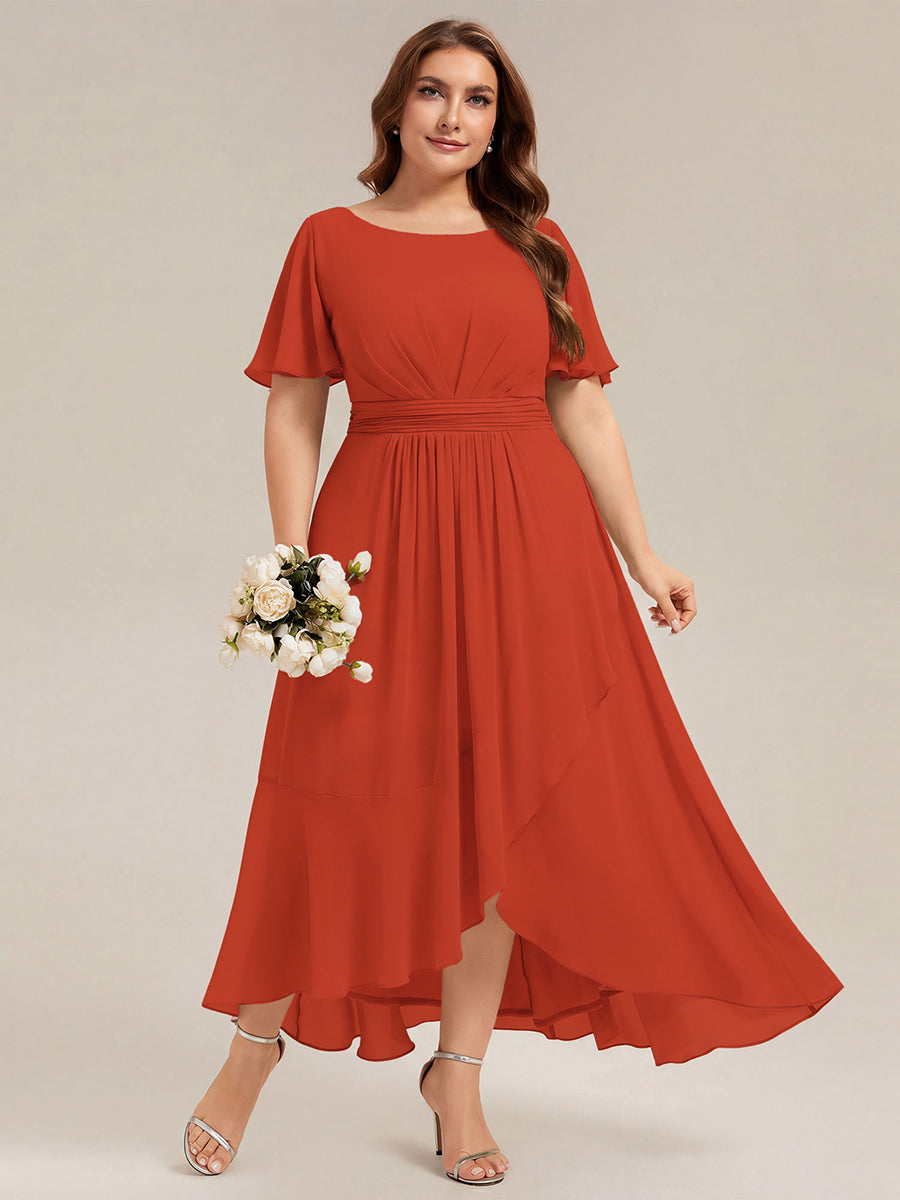 Robe asymétrique sans manches à volants avec détails plissés et ourlet haut bas #Couleur_Burnt Orange