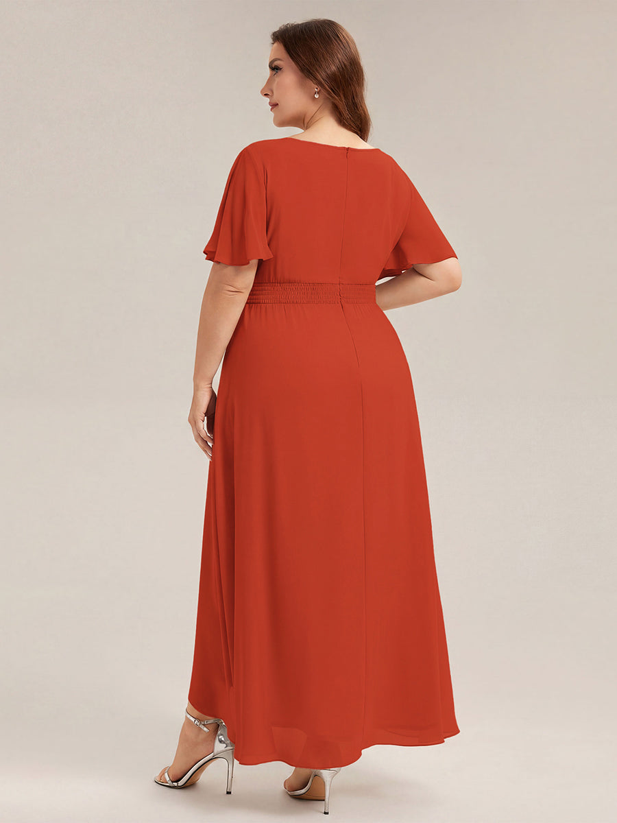 Robe asymétrique sans manches à volants avec détails plissés et ourlet haut bas #Couleur_Burnt Orange