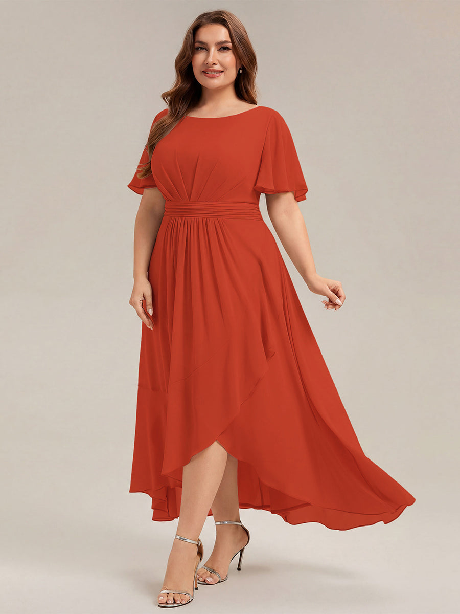 Robe asymétrique sans manches à volants avec détails plissés et ourlet haut bas #Couleur_Burnt Orange