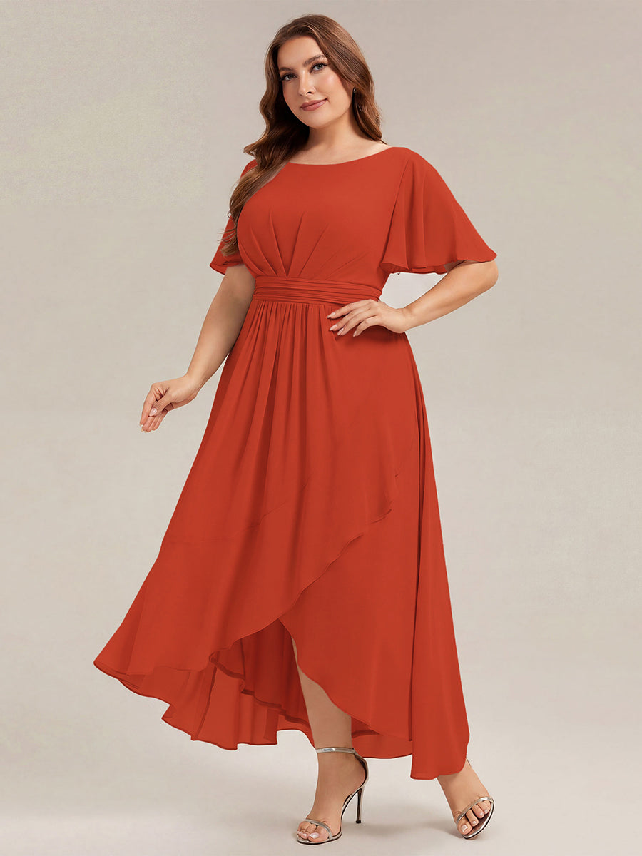 Robe asymétrique sans manches à volants avec détails plissés et ourlet haut bas #Couleur_Burnt Orange