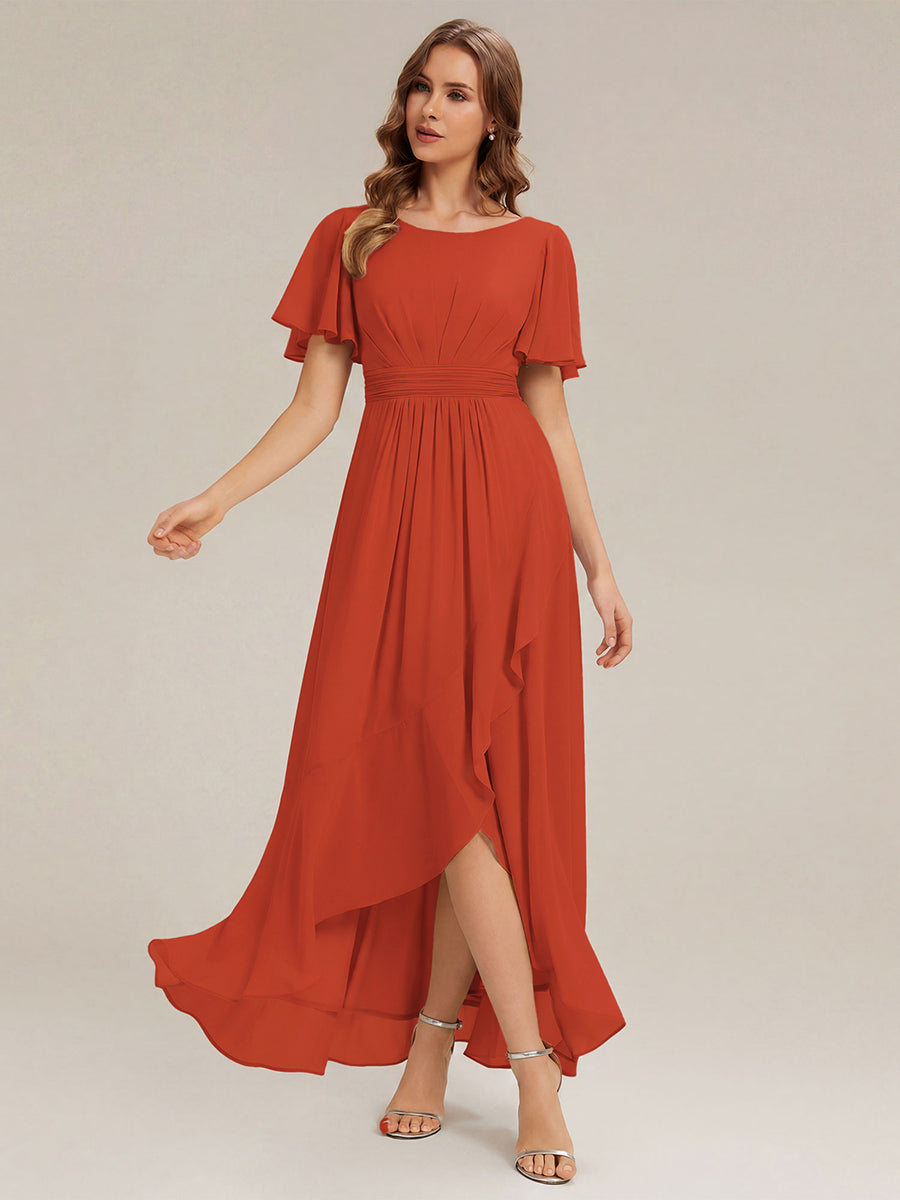 Robe asymétrique sans manches à volants avec détails plissés et ourlet haut bas #Couleur_Burnt Orange