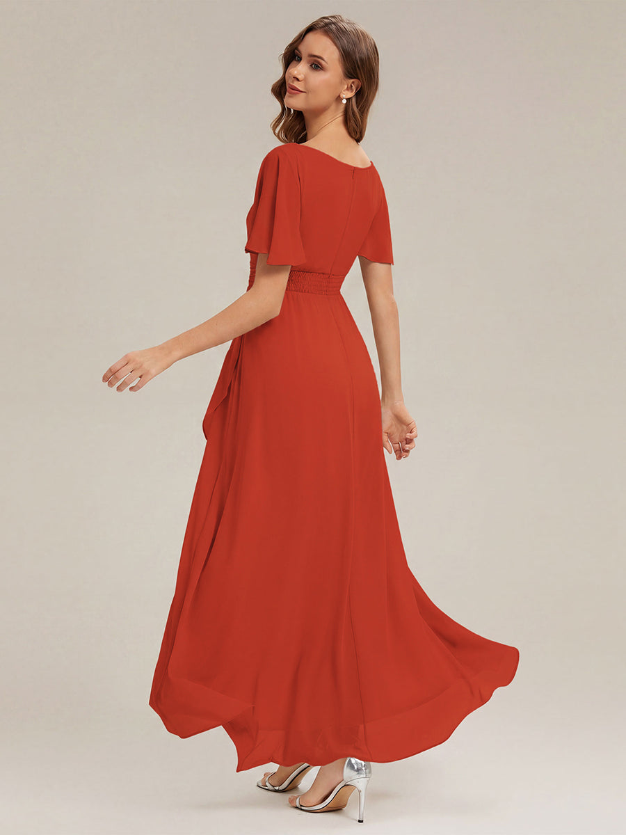 Robe asymétrique sans manches à volants avec détails plissés et ourlet haut bas #Couleur_Burnt Orange