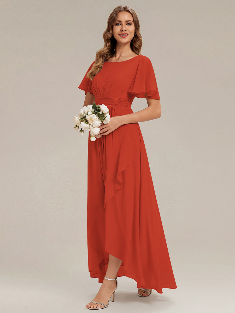 Robe asymétrique sans manches à volants avec détails plissés et ourlet haut bas #Couleur_Burnt Orange