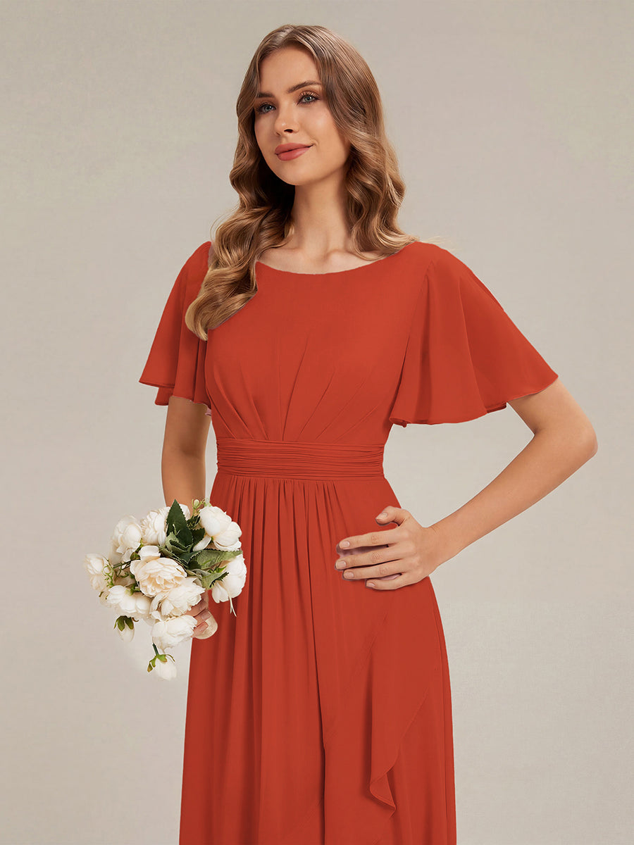 Robe asymétrique sans manches à volants avec détails plissés et ourlet haut bas #Couleur_Burnt Orange