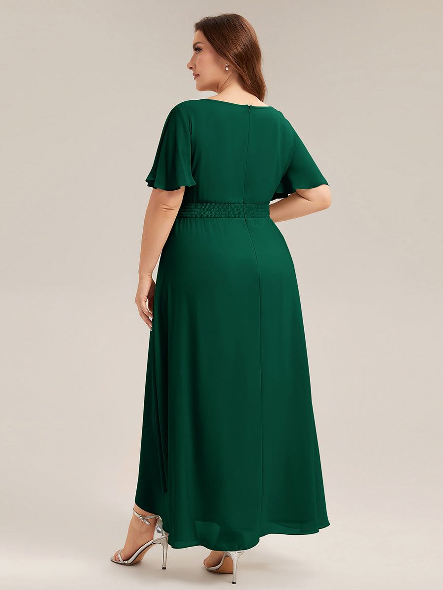 Robe asymétrique sans manches à volants avec détails plissés et ourlet haut bas #Couleur_Vert Fonce