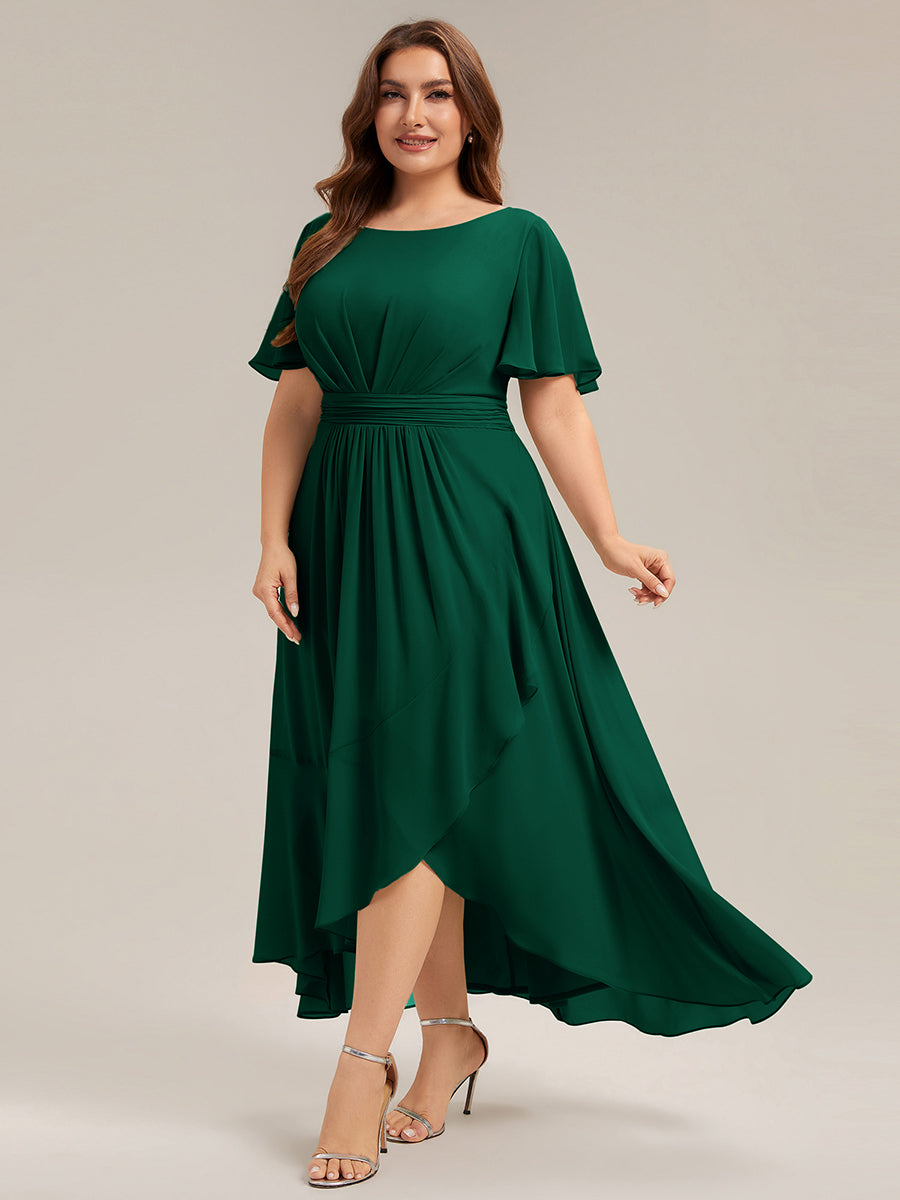Robe asymétrique sans manches à volants avec détails plissés et ourlet haut bas #Couleur_Vert Fonce