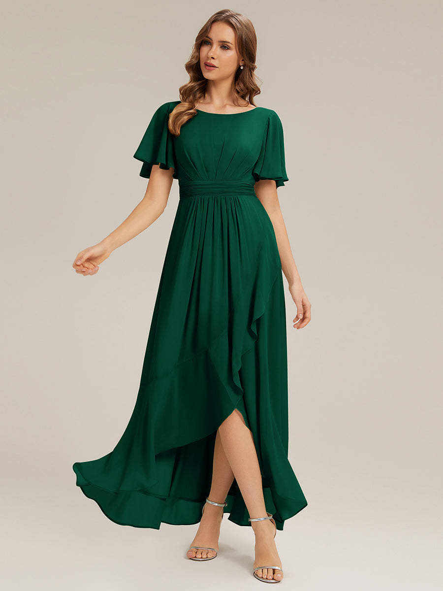 Robe asymétrique sans manches à volants avec détails plissés et ourlet haut bas #Couleur_Vert Fonce