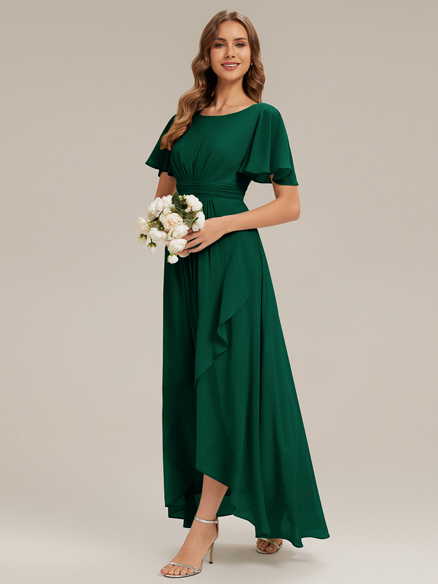 Robe asymétrique sans manches à volants avec détails plissés et ourlet haut bas #Couleur_Vert Fonce