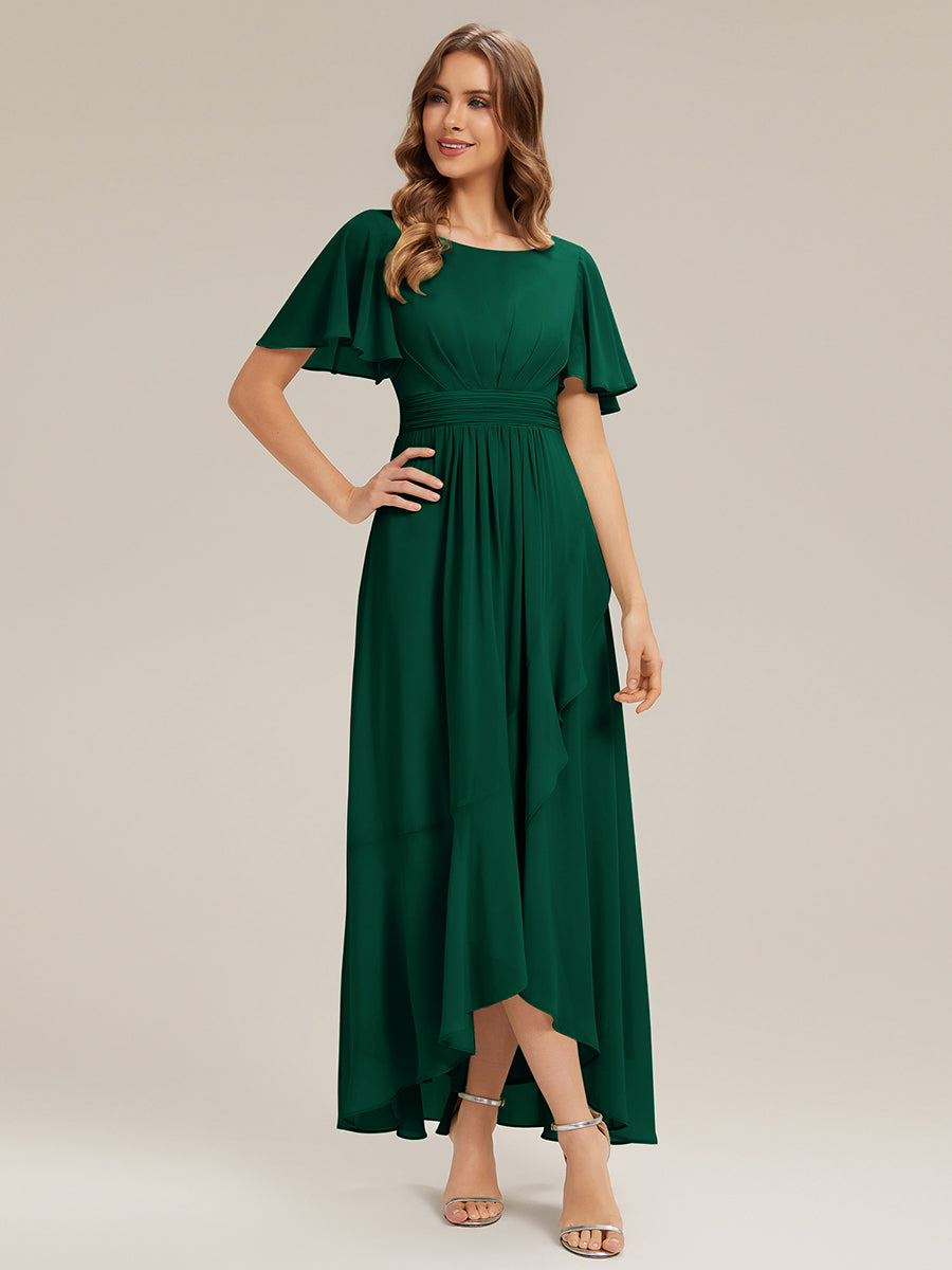 Robe asymétrique sans manches à volants avec détails plissés et ourlet haut bas #Couleur_Vert Fonce