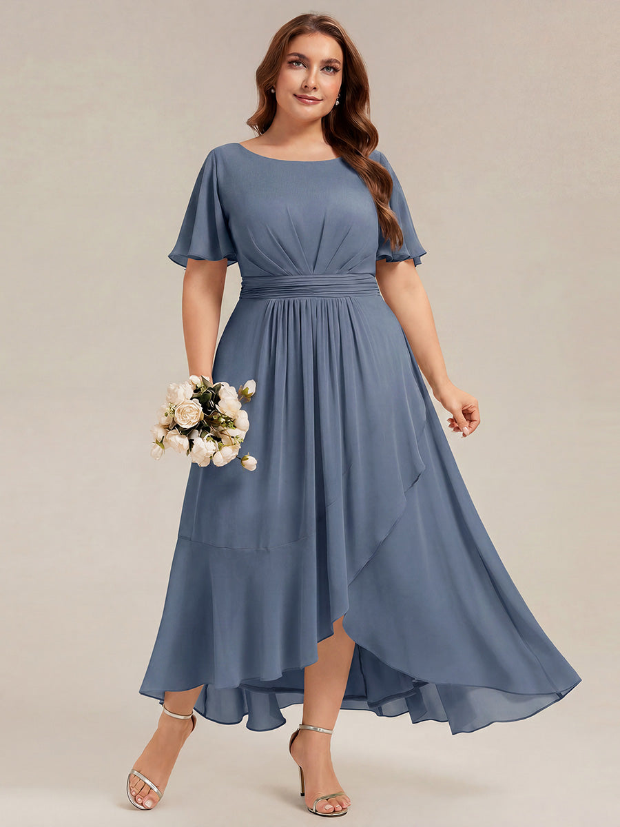 Robe asymétrique sans manches à volants avec détails plissés et ourlet haut bas #Couleur_Marine Fume