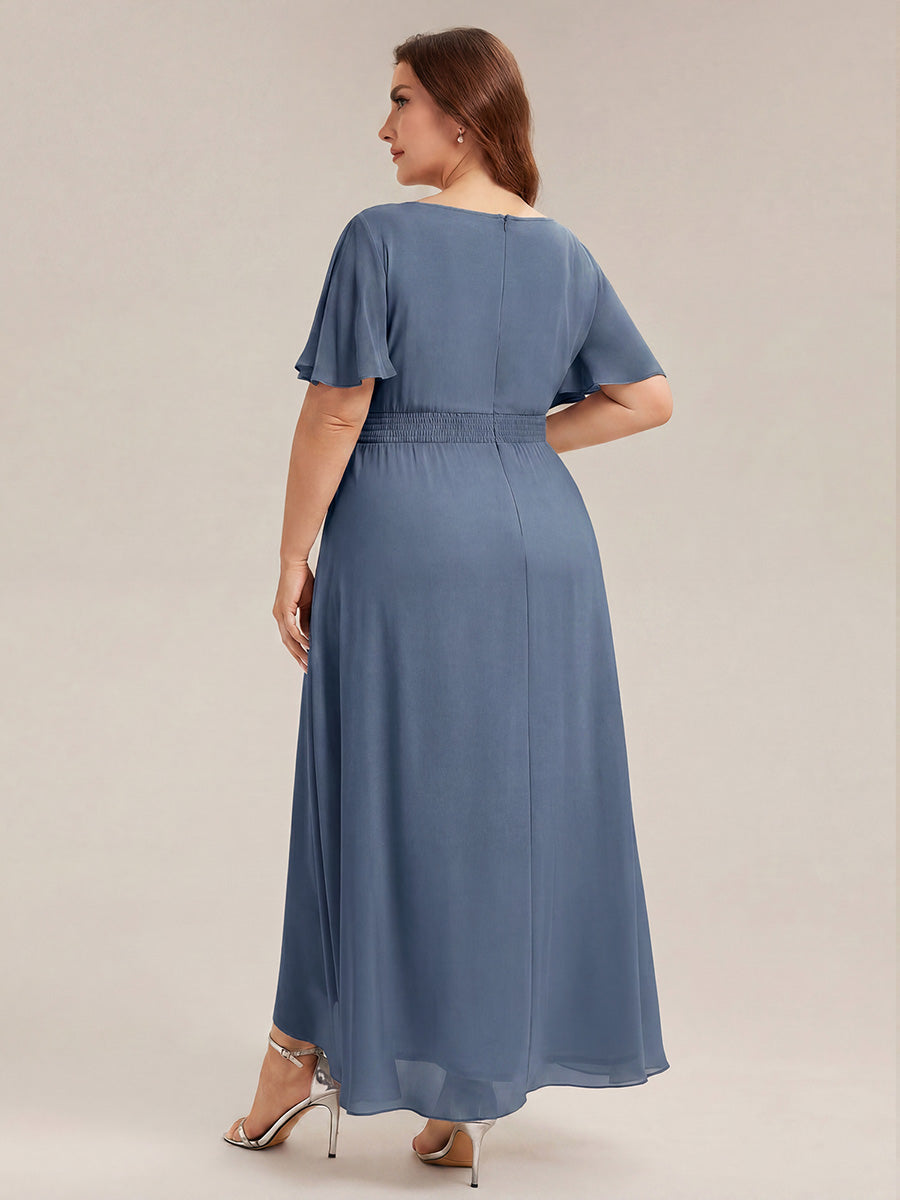 Robe asymétrique sans manches à volants avec détails plissés et ourlet haut bas #Couleur_Marine Fume