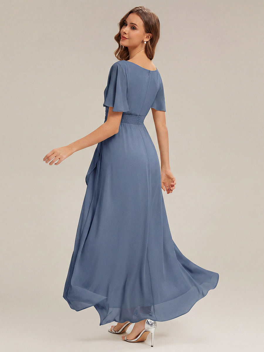 Robe asymétrique sans manches à volants avec détails plissés et ourlet haut bas #Couleur_Marine Fume