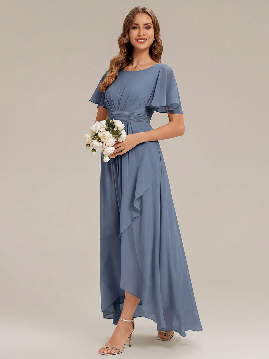 Robe asymétrique sans manches à volants avec détails plissés et ourlet haut bas #Couleur_Marine Fume