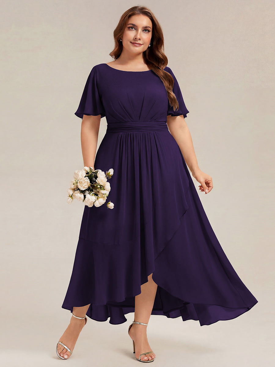 Robe asymétrique sans manches à volants avec détails plissés et ourlet haut bas #Couleur_Violet Fonce