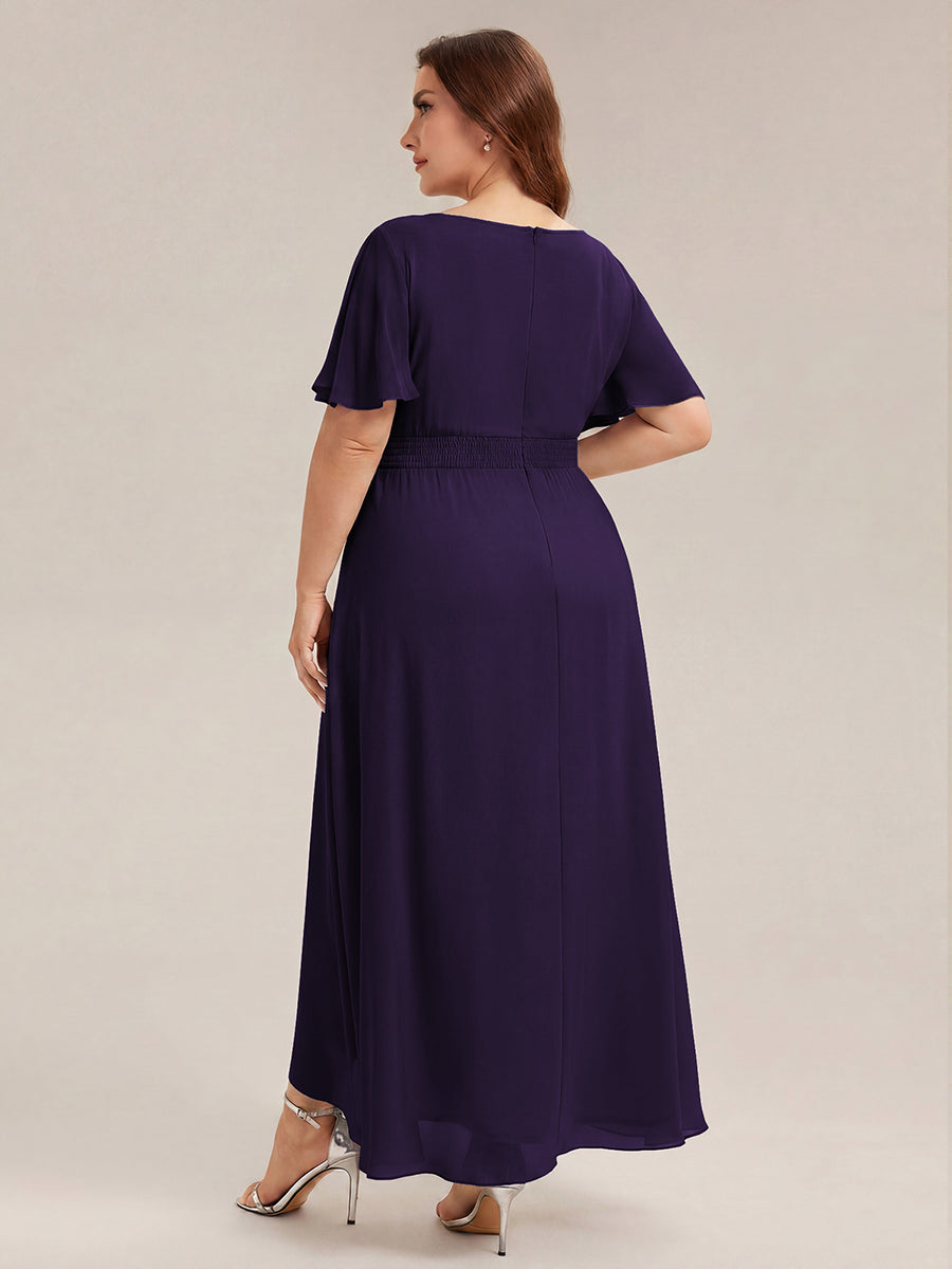 Robe asymétrique sans manches à volants avec détails plissés et ourlet haut bas #Couleur_Violet Fonce