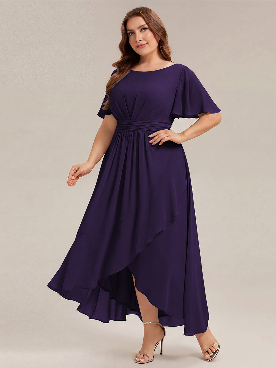 Robe asymétrique sans manches à volants avec détails plissés et ourlet haut bas #Couleur_Violet Fonce