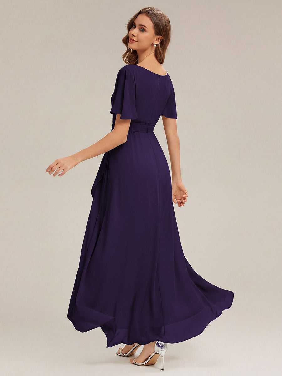 Robe asymétrique sans manches à volants avec détails plissés et ourlet haut bas #Couleur_Violet Fonce
