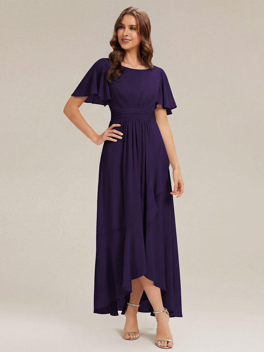 Robe asymétrique sans manches à volants avec détails plissés et ourlet haut bas #Couleur_Violet Fonce
