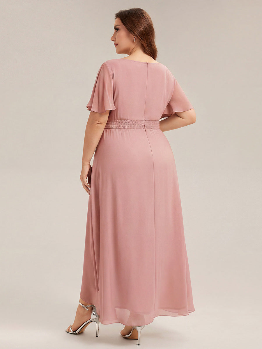 Robe asymétrique sans manches à volants avec détails plissés et ourlet haut bas #Couleur_Rose fumee
