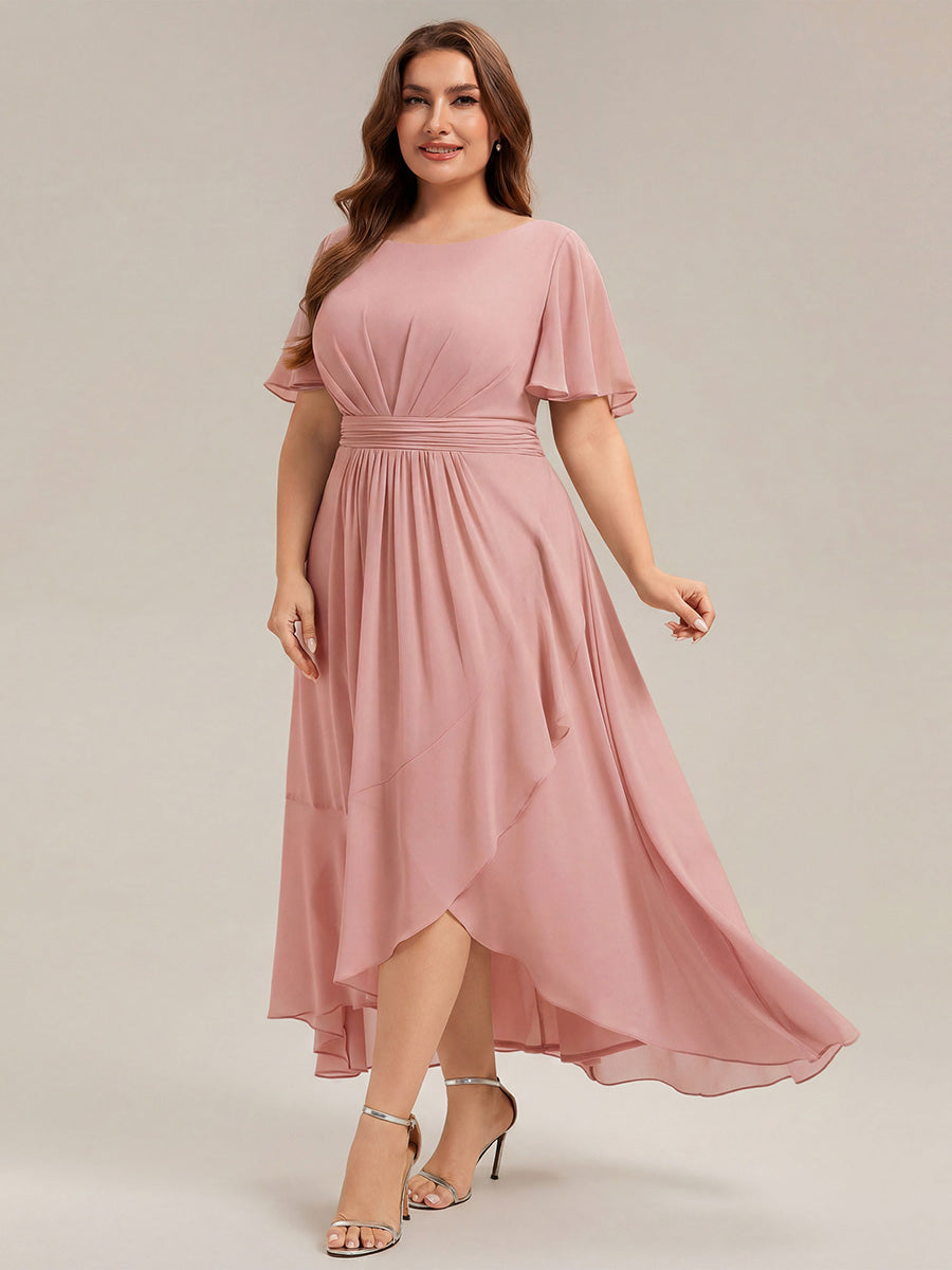 Robe asymétrique sans manches à volants avec détails plissés et ourlet haut bas #Couleur_Rose fumee
