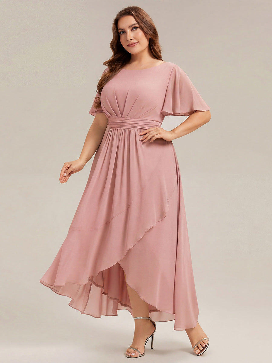 Robe asymétrique sans manches à volants avec détails plissés et ourlet haut bas #Couleur_Rose fumee
