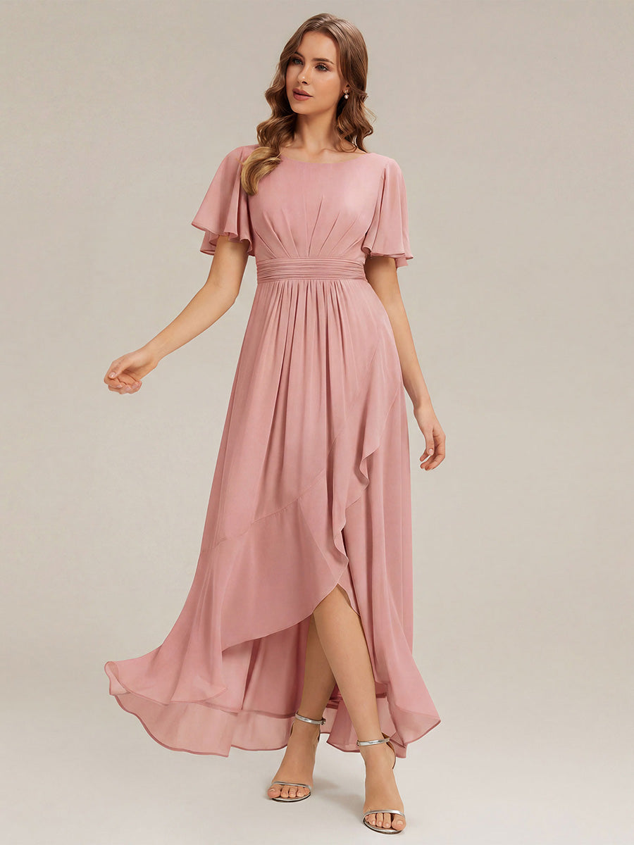 Robe asymétrique sans manches à volants avec détails plissés et ourlet haut bas #Couleur_Rose fumee