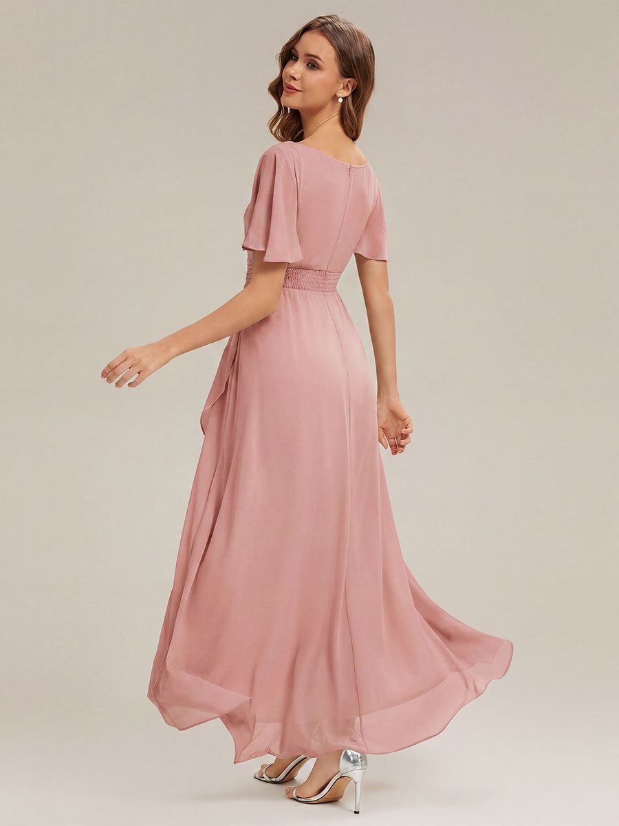 Robe asymétrique sans manches à volants avec détails plissés et ourlet haut bas #Couleur_Rose fumee