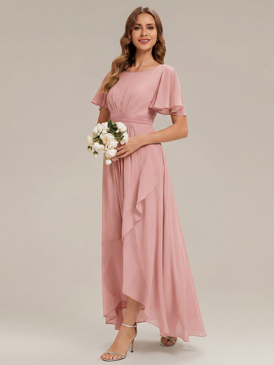 Robe asymétrique sans manches à volants avec détails plissés et ourlet haut bas #Couleur_Rose fumee