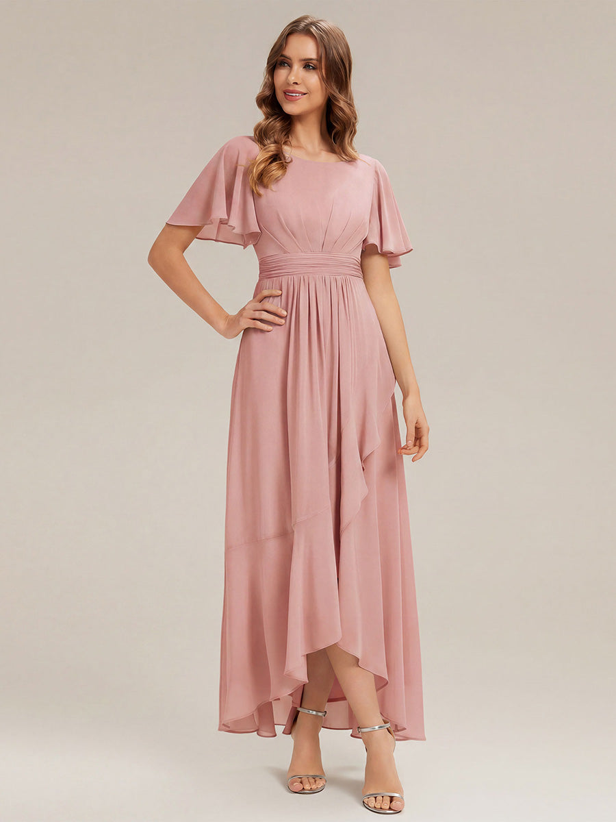 Robe asymétrique sans manches à volants avec détails plissés et ourlet haut bas #Couleur_Rose fumee