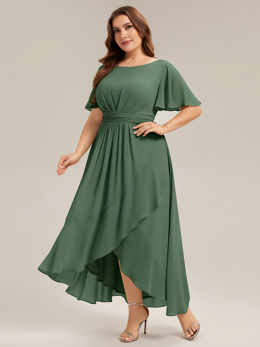 Robe asymétrique sans manches à volants avec détails plissés et ourlet haut bas #Couleur_Eucalyptus