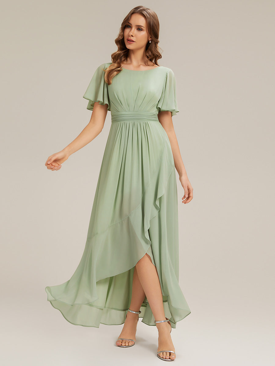 Robe asymétrique sans manches à volants avec détails plissés et ourlet haut bas #Couleur_Menthe Verte