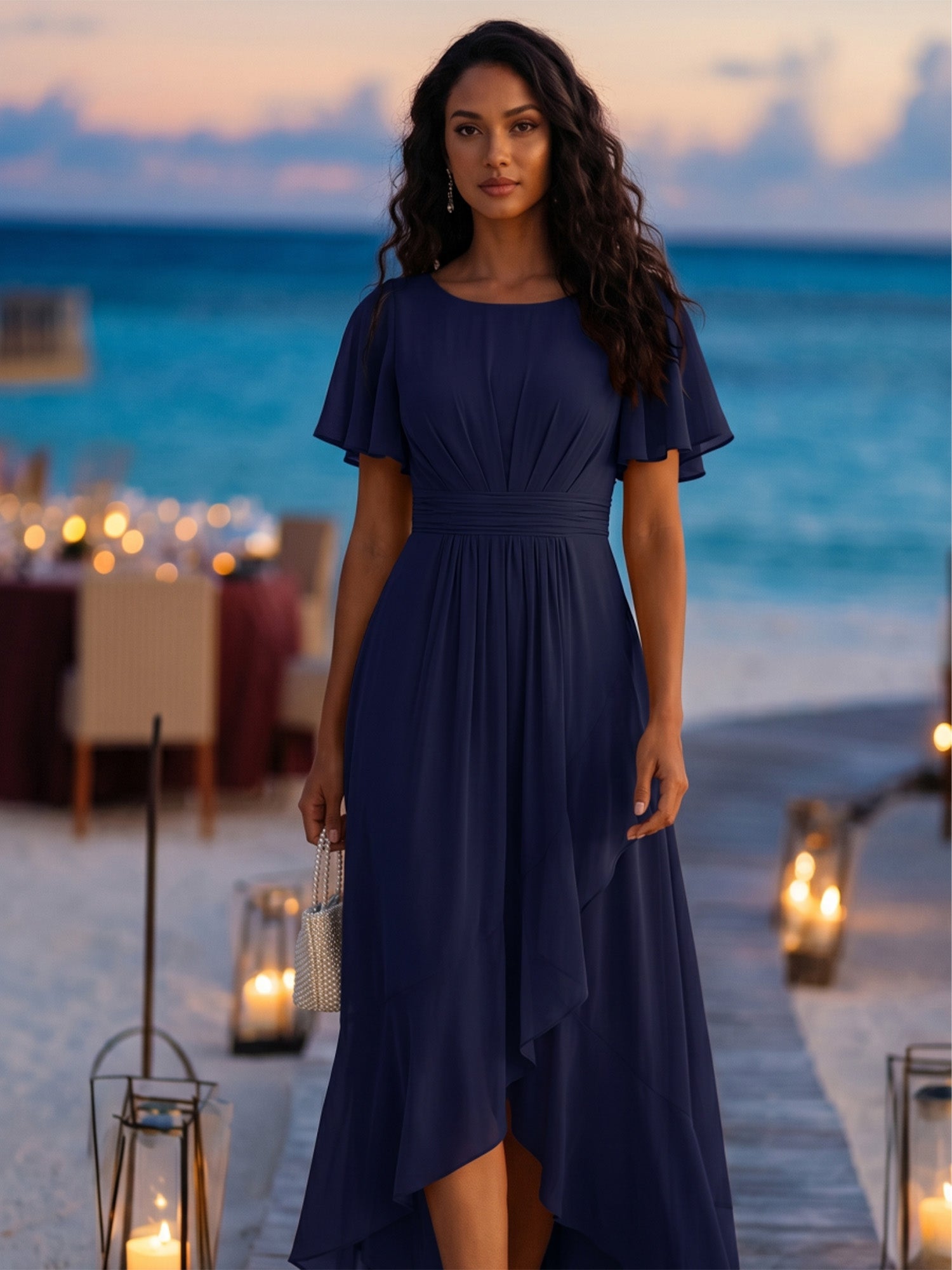 Robe asymétrique sans manches à volants avec détails plissés et ourlet haut bas #Couleur_Bleu Marine