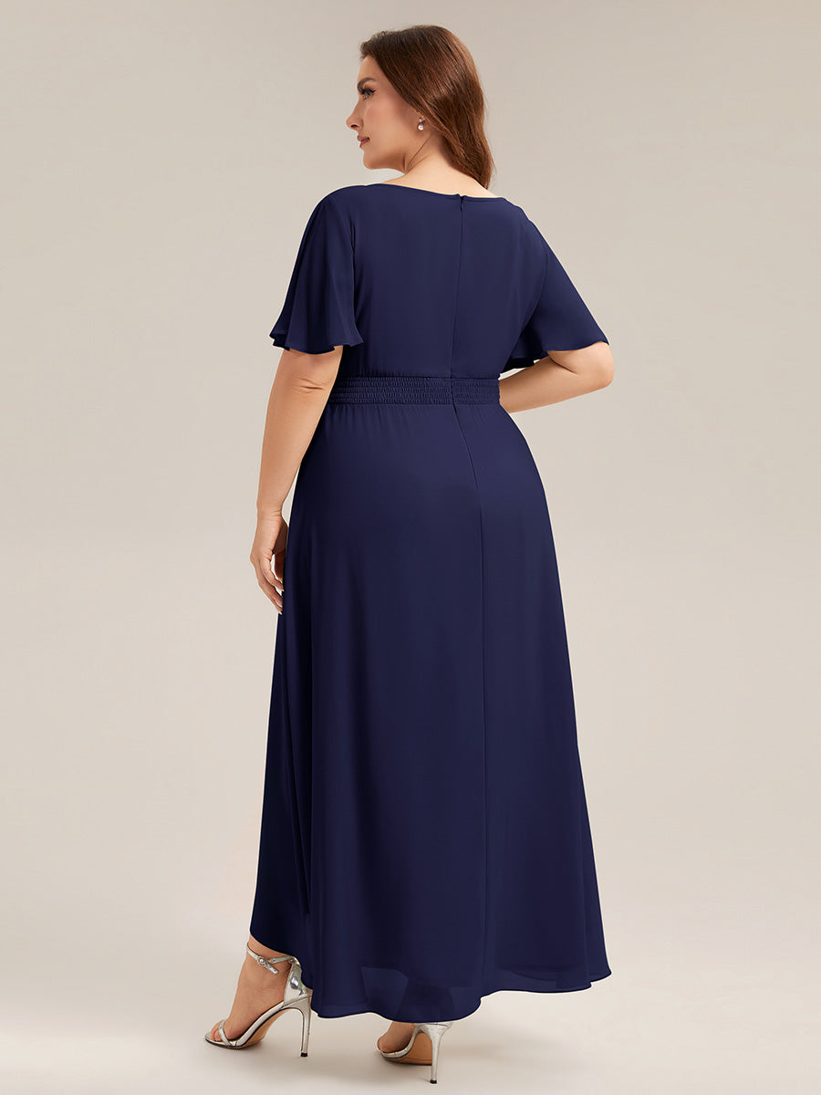 Robe asymétrique sans manches à volants avec détails plissés et ourlet haut bas #Couleur_Bleu Marine