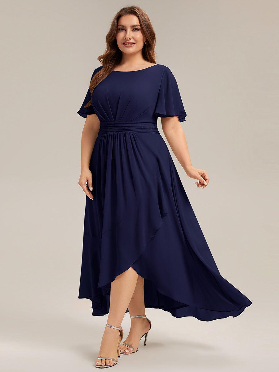 Robe asymétrique sans manches à volants avec détails plissés et ourlet haut bas #Couleur_Bleu Marine