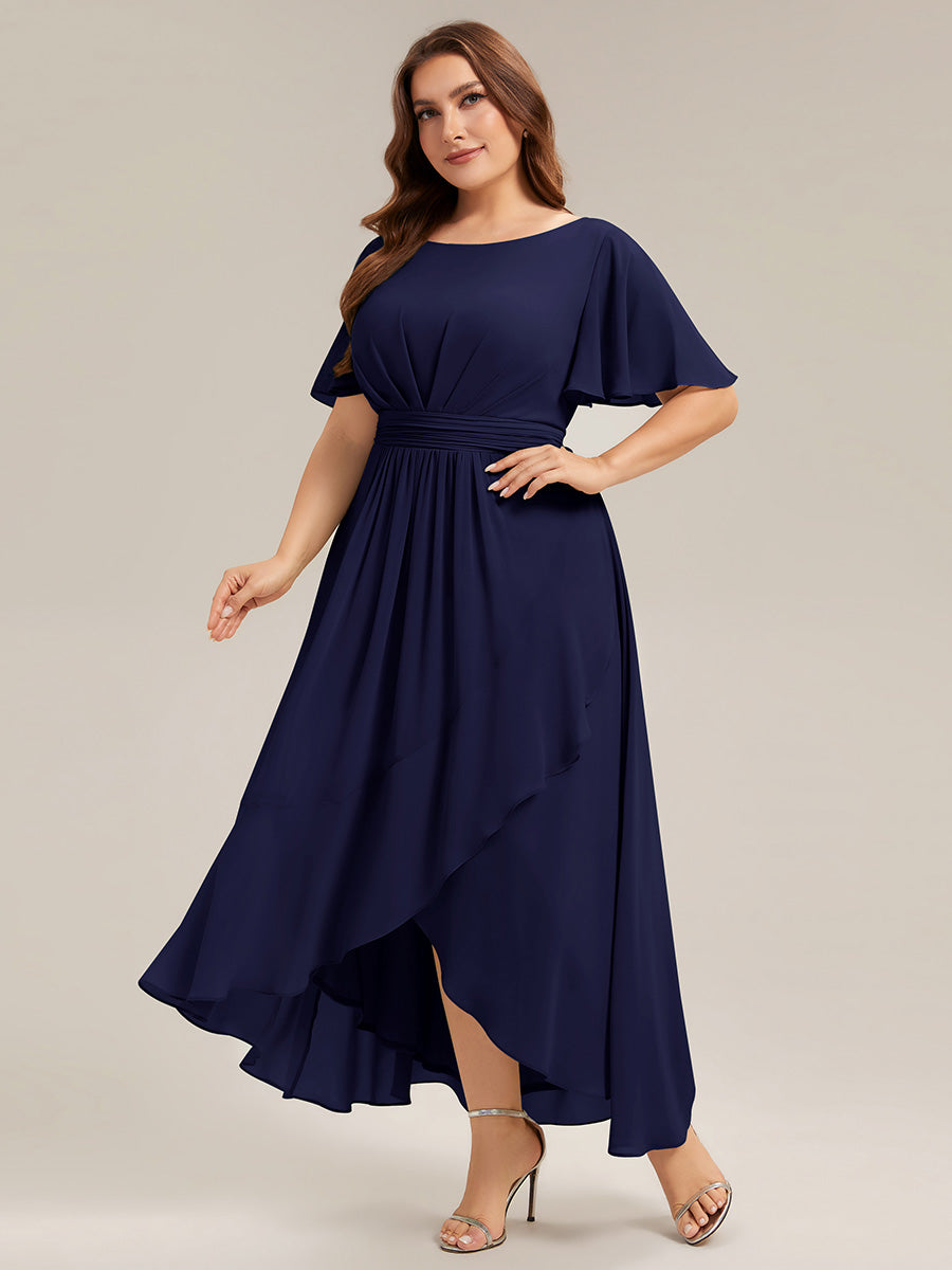 Robe asymétrique sans manches à volants avec détails plissés et ourlet haut bas #Couleur_Bleu Marine