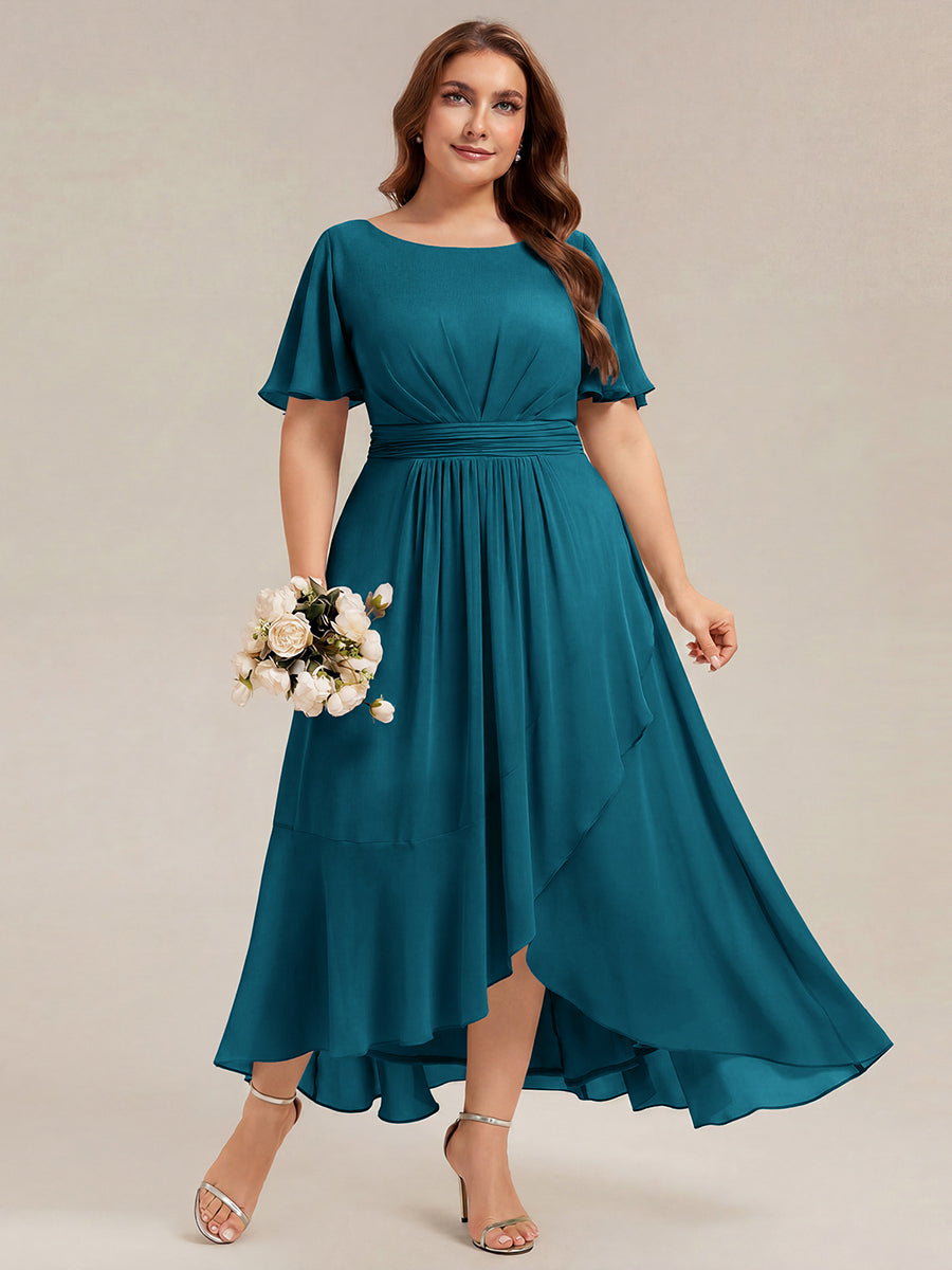 Robe asymétrique sans manches à volants avec détails plissés et ourlet haut bas #Couleur_Bleu Canard
