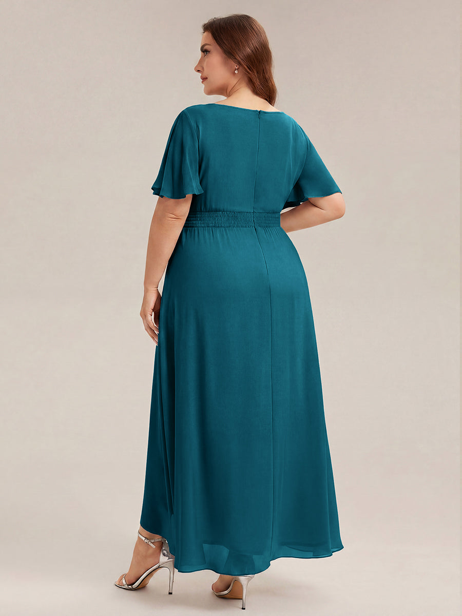Robe asymétrique sans manches à volants avec détails plissés et ourlet haut bas #Couleur_Bleu Canard
