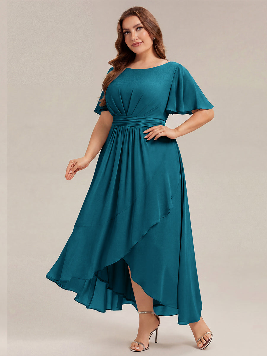 Robe asymétrique sans manches à volants avec détails plissés et ourlet haut bas #Couleur_Bleu Canard