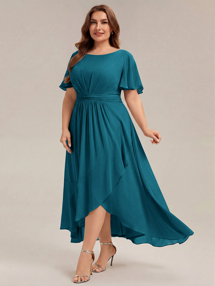 Robe asymétrique sans manches à volants avec détails plissés et ourlet haut bas #Couleur_Bleu Canard