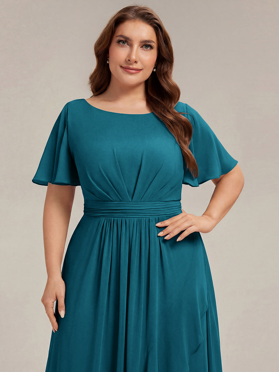 Robe asymétrique sans manches à volants avec détails plissés et ourlet haut bas #Couleur_Bleu Canard
