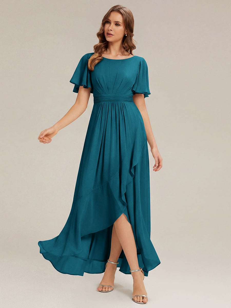 Robe asymétrique sans manches à volants avec détails plissés et ourlet haut bas #Couleur_Bleu Canard