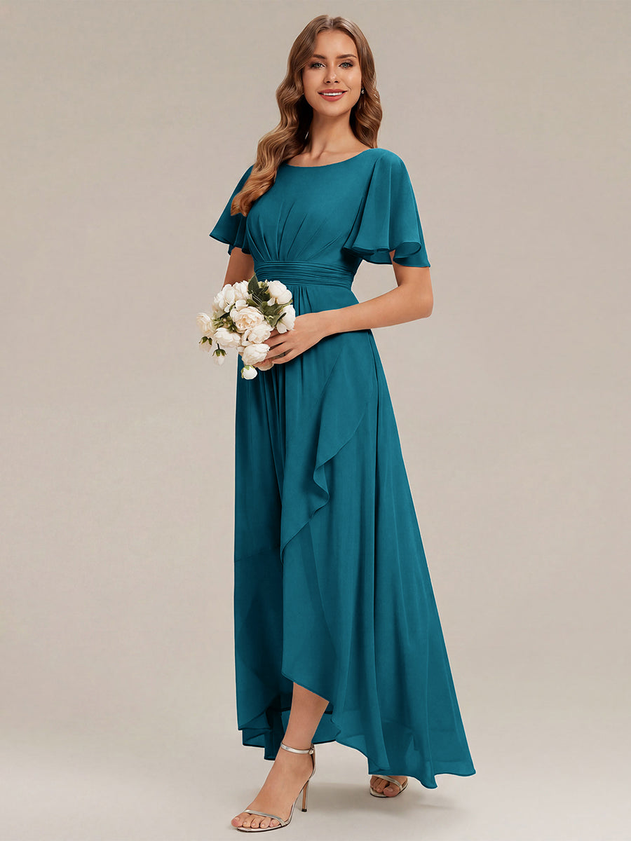 Robe asymétrique sans manches à volants avec détails plissés et ourlet haut bas #Couleur_Bleu Canard
