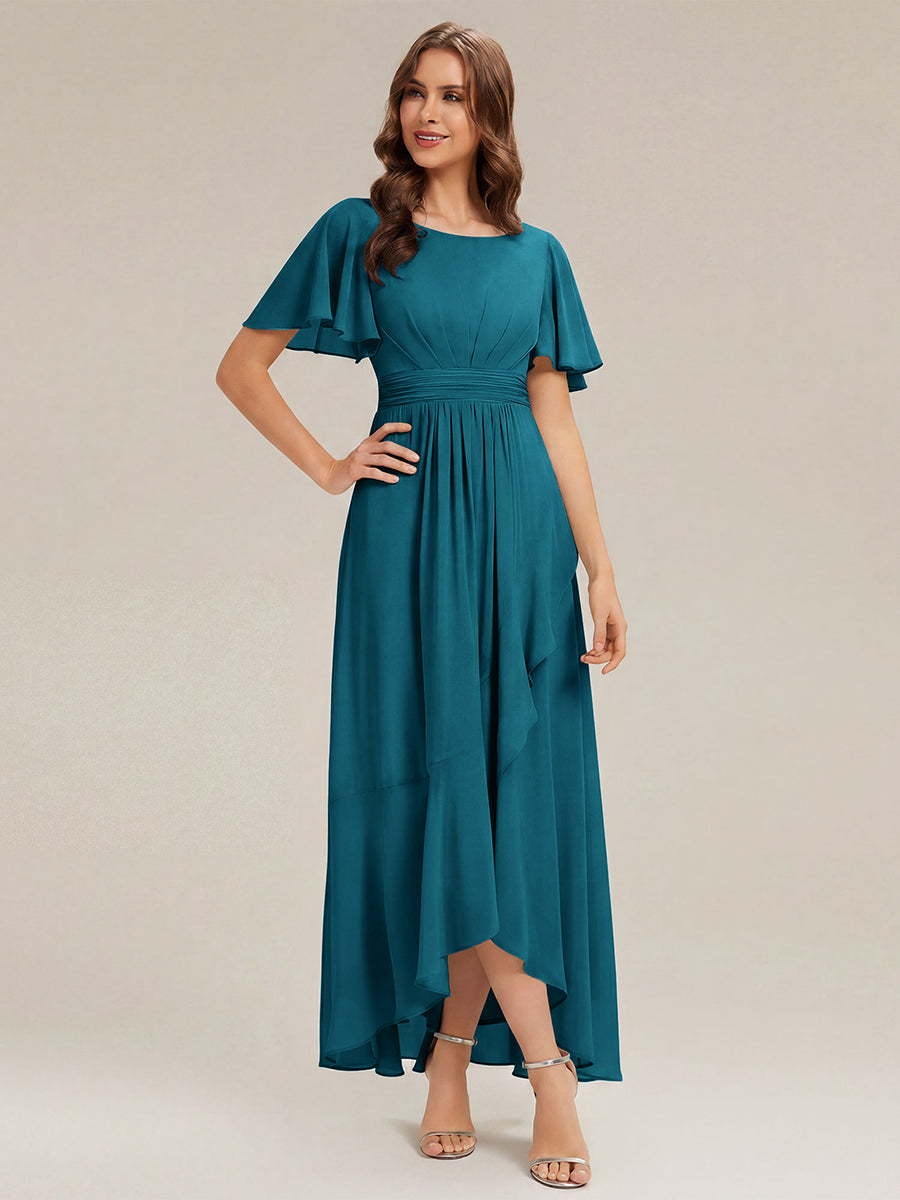 Robe asymétrique sans manches à volants avec détails plissés et ourlet haut bas #Couleur_Bleu Canard