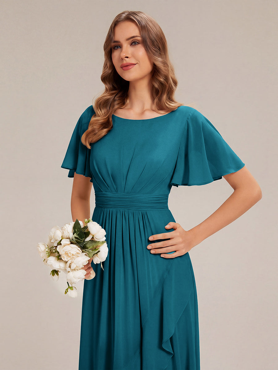Robe asymétrique sans manches à volants avec détails plissés et ourlet haut bas #Couleur_Bleu Canard